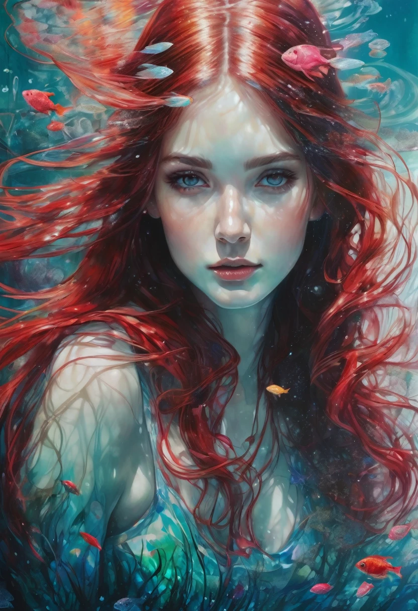 19 year old gorgeous model girl, under the water, stands at the bottom of the lake, glass flower dress, ornaments black and red, glass transparent fish swim, glass algae,Long hair fluttering, complex drawing,very detailed bright, masterpiece, high quality, a high resolution, high detail, photorealism, intricate details, Accurate linearity, acrylic paint, airbrush, ( artist Anna Dittmann, art by Carne Griffiths, artist Conrad Roset)