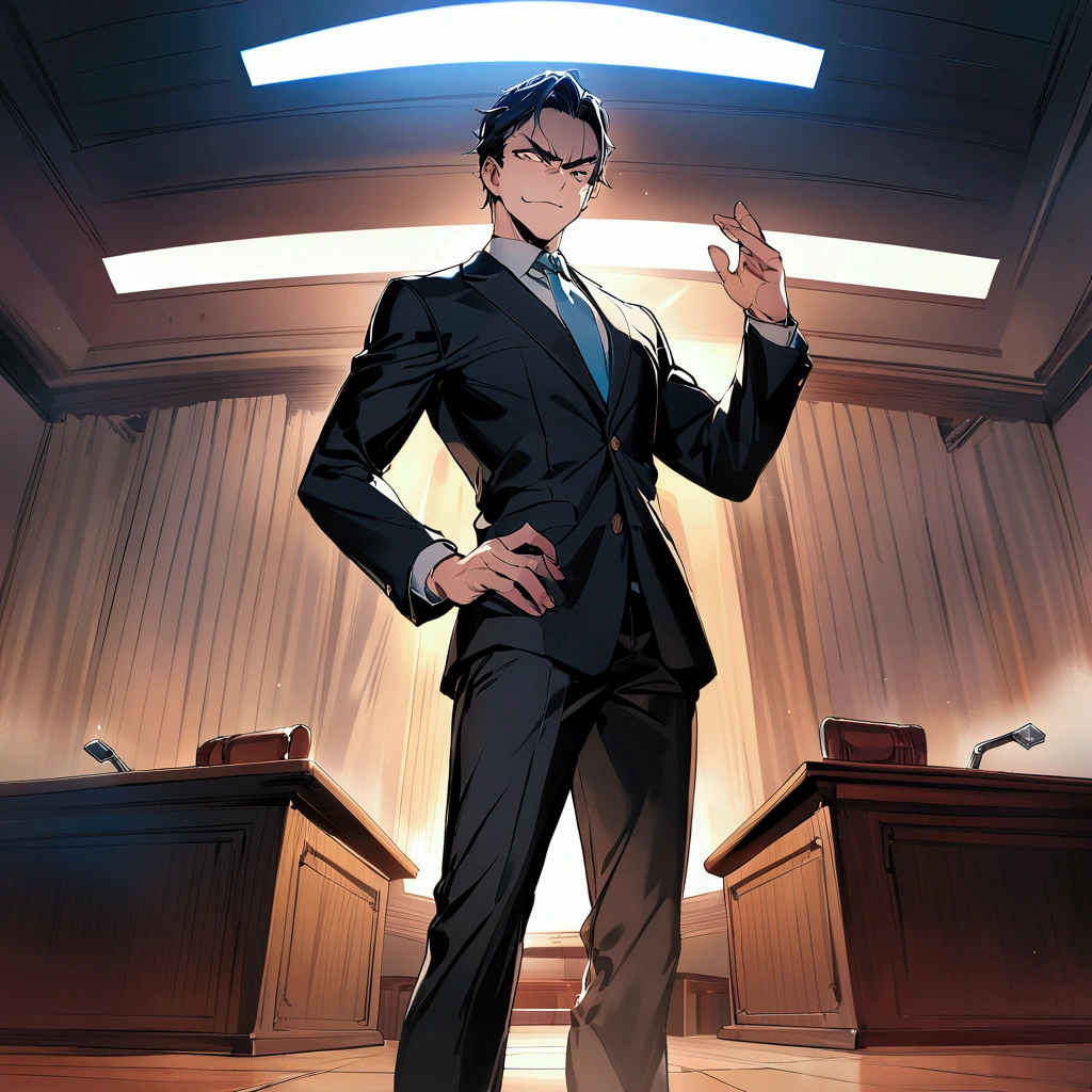Masterpiece:1.1,Highest quality,8k,official art,courtroom,1boy,a lawyer is talking enthusiastically,standing,evil smile,troubled eyebrows,Bright fluorescent lighting,looking at viewer, dynamic angle,one hand up,one hand on hip,judge,