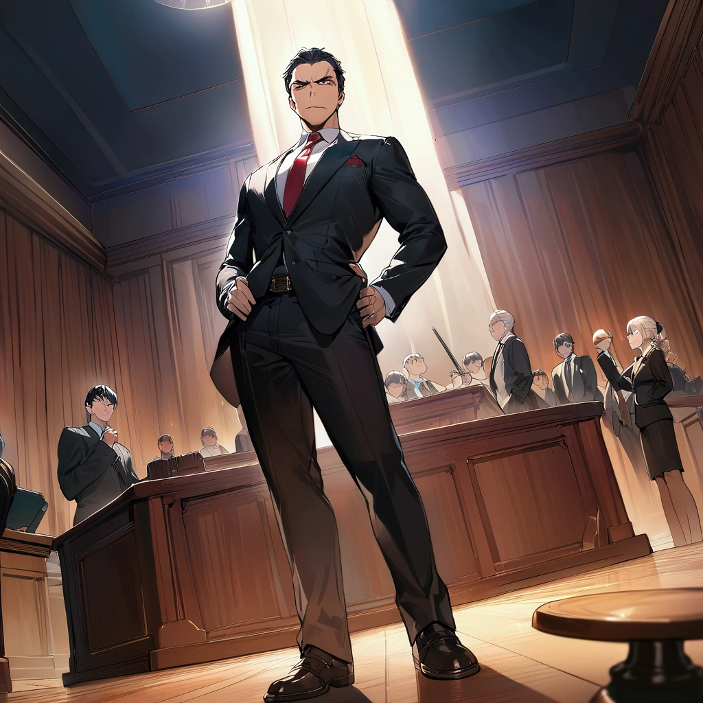 Masterpiece:1.1,Highest quality,8k,official art,courtroom,1boy,a lawyer is talking enthusiastically,standing,evil smile,troubled eyebrows,Bright fluorescent lighting,looking at viewer, dynamic angle,one hand up,one hand on hip,judge,
