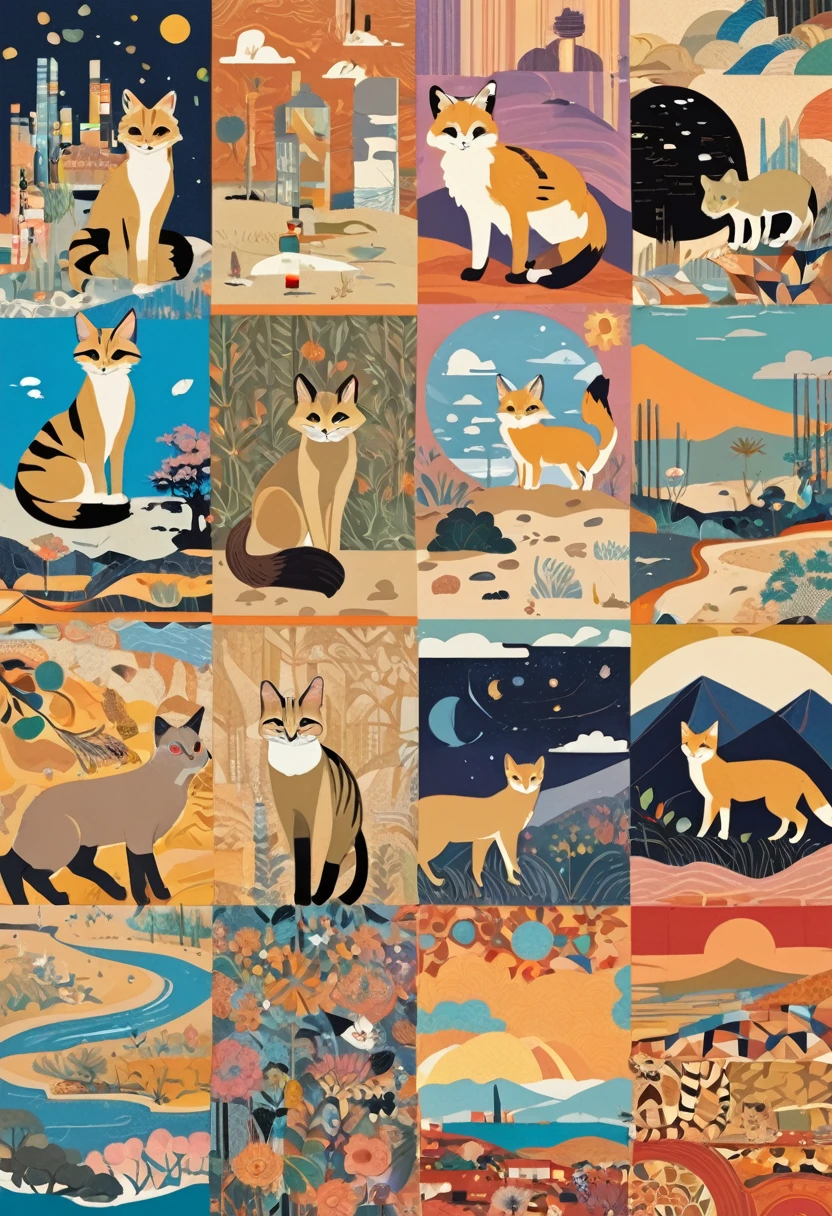 (masterpiece, best quality,ultra highres),(collage art),flat color,anime,animal girl standing at savanna,(Sand cat, Tibetan sand fox, black-footed cat, fennec fox),nostalgic melancholic artwork,magazine collage, inspired by Victo Ngai cmyk palette, contemporary artistic collage,