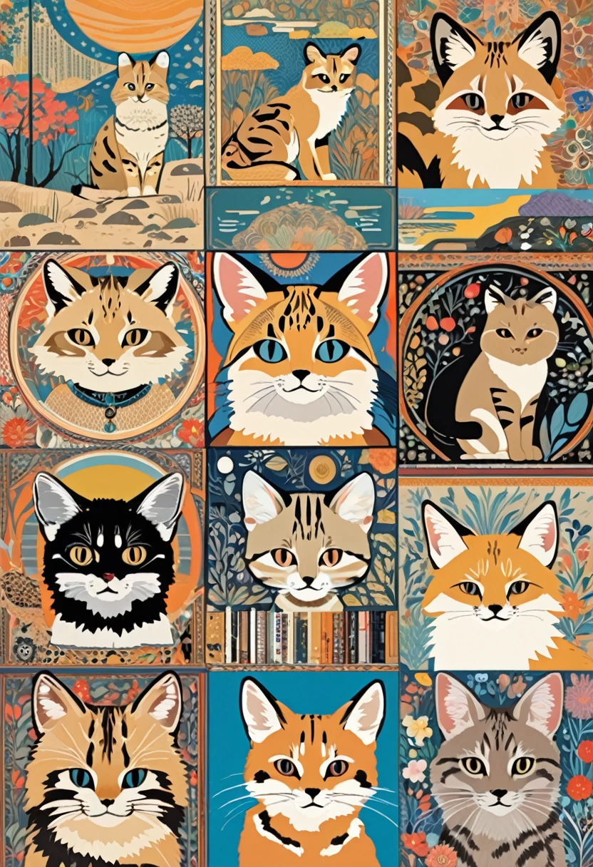 (masterpiece, best quality,ultra highres),(collage art),flat color,anime,animal girl standing at savanna,(Sand cat, Tibetan sand fox, black-footed cat, fennec fox),nostalgic melancholic artwork,magazine collage, inspired by Victo Ngai cmyk palette, contemporary artistic collage,