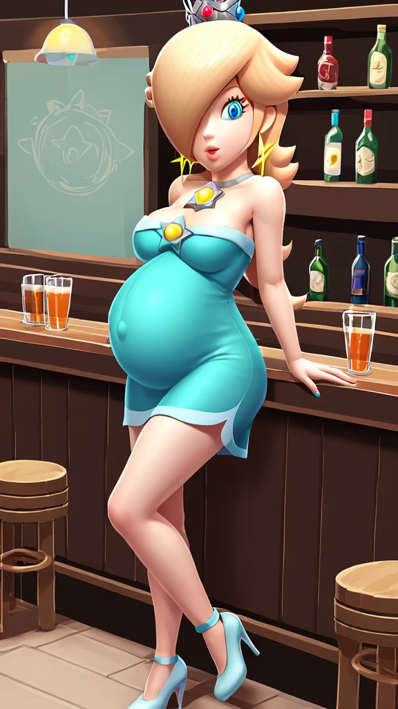 score_9, score_8_up, 1girl, solo, rosalina, style parody, thick outlines, blue dress, sleeveless, strapless, cleavage, indoors, bar, pregnant