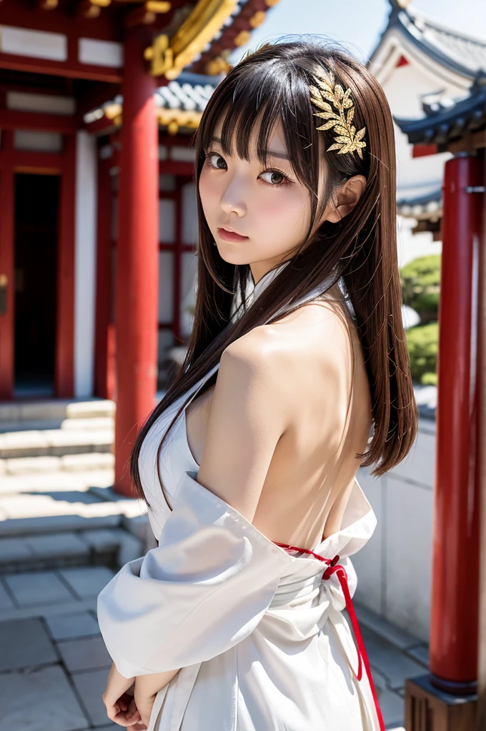 Japanese female priest、The costume is mainly white with red lines running down the shoulders.、Sideways、I'm letting my hair down、Holding a pair of silver thread scissors、Gold hair ornament on the back of the head、Dark brown hair、Straight Long Hair、In the temple grounds、Upper body close-up