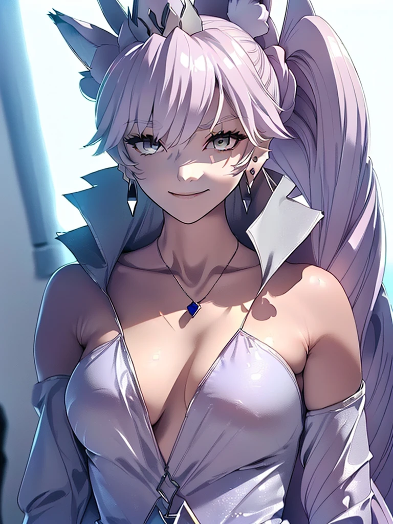 great quality ++ Extremely detailed high resolutionolution, very aesthetic, expressive eyes, (((Perfect face))), (((face symmetrical))), ((good anatomy)), (((perfect hands))), (((8k))), UHD, hd wallpaper, (((detailed high cal, (((((1girl)))))), only, Masterpiece, The best quality, high resolution, Highly detailed, (illustration), Beautiful detailed eyes, ((((full body))), (((solo))), (((((koyan-la1))))), (((cosplay of Weiss Schnee))), (((smiling))), (((fusion))), (((agglutination))), (((Combination))), (((((White hair))))), (((blue eyes))), (((ponytail))), (((white dress))), (((jewelry))), (((necklace))), (((earrings))), only, jaeces, earrings, long hair, parody, (((scar))), (((scar ocular))), (((hair ornament))), (((officce background))), (((hand on hip))), (((strolling))), Side ponytail, scar en la cara, Upper part of the body, (((fox ears))), (((tiara))), (((jewelry))), (((earrings))), (((neckline trimming))),