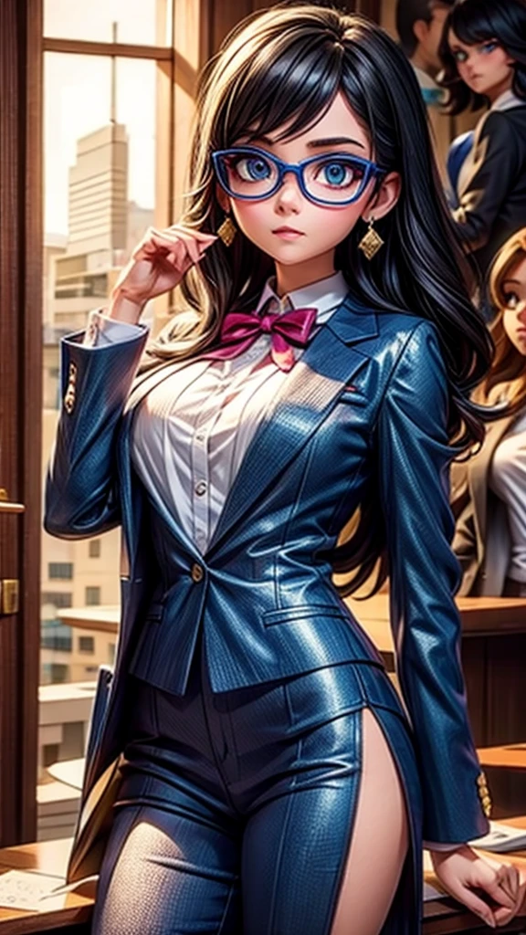 Young female lawyer、Formal suit、Glasses、Holding the document in his hand and pointing at the witness、Courtroom scene、Intimidating a witness