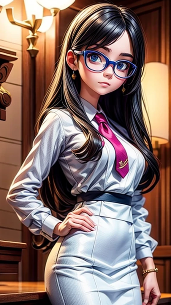 Young female lawyer、Formal suit、Glasses、Courtroom scene、Closing argument to the jury、Raising his fist and making a passionate speech