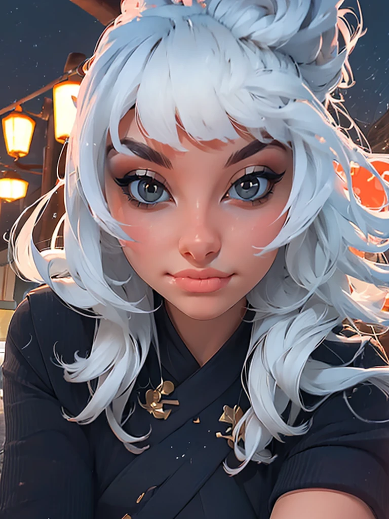 masterpiece, the best, night, full moon, 1 adult woman, Chinese Architecture, cheongsam, China costume, Royal sister, cold face, Poker face, woman with long silver hair, light pink lips, , calm, intellectuals, Three bangs, gray pupil, street view, facial details,