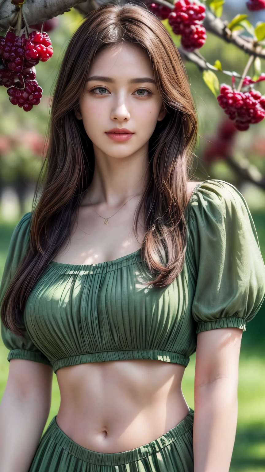 (nsfw:-2), (realistic, photo-realistic:1.4), (masterpiece, best quality:1.2), RAW photo, high resolution, intricate details, extremely detailed, realistic and sharp details, cinematic lighting, portrait, (bust shot, midriff:1.5), frontal photography, solo, 1girl, a Japanese woman, dark hair, (detailed face, beautiful detailed eyes, sophisticated nose), pale skin, collarbone, necklace, jewelry, large  breasts,((b(best quality,4k,8k,highres,masterpiece:1.2),ultra-detailed,(realistic,photorealistic,photo-realistic:1.37),high-resolution portraits,beautiful detailed eyes,beautiful detailed lips,extremely detailed eyes and face,long eyelashes,freckles on her face,gentle smile,majestic pose,flowing black hair cascading down her back, ((above knee length Green Frock dress)),soft sunlight illuminating her face,vivid colors in the landscape,rich color palette with warm tones,((mulberry fruit orchards)),((many many Mulberry Fruits in orchards)),((mulberry fruit trees)),traditional Turkish orchards in the background,rows of fruitful mulberry trees with branches heavy with ripe fruits,each mulberry fruit perfectly crafted and vibrant purple in color,she delicately holds a wicker basket filled with freshly picked mulberries,berry juice staining her fingertips,a sense of tranquility and serenity in the air,subtle wind rustling the leaves,elegantly painted background with a touch of impressionistic style,subtle brushstrokes adding depth and texture to the image,sublime realism with a touch of romanticism, Stylish Poses, sexy angles 