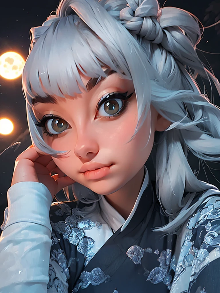masterpiece, the best, night, full moon, 1 adult woman, Chinese Architecture, cheongsam, China costume, Royal sister, cold face, Poker face, woman with long silver hair, light pink lips, , calm, intellectuals, Three bangs, gray pupil, street view, facial details,