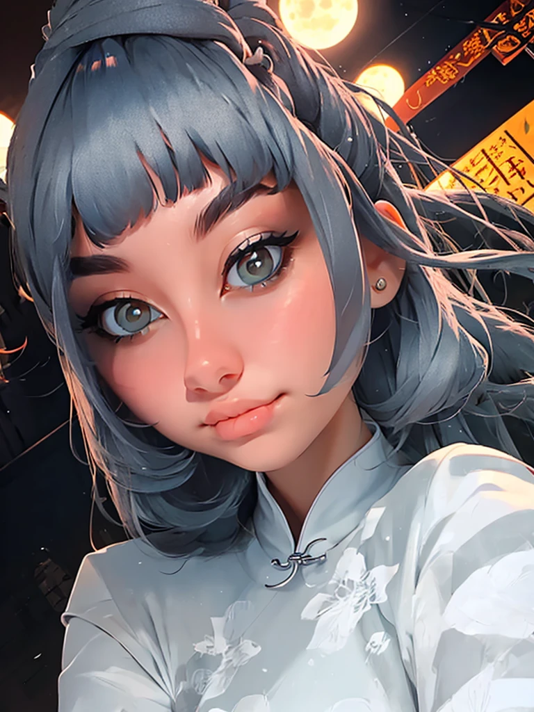 masterpiece, the best, night, full moon, 1 adult woman, Chinese Architecture, cheongsam, China costume, Royal sister, cold face, Poker face, woman with long silver hair, light pink lips, , calm, intellectuals, Three bangs, gray pupil,  street view, facial details,