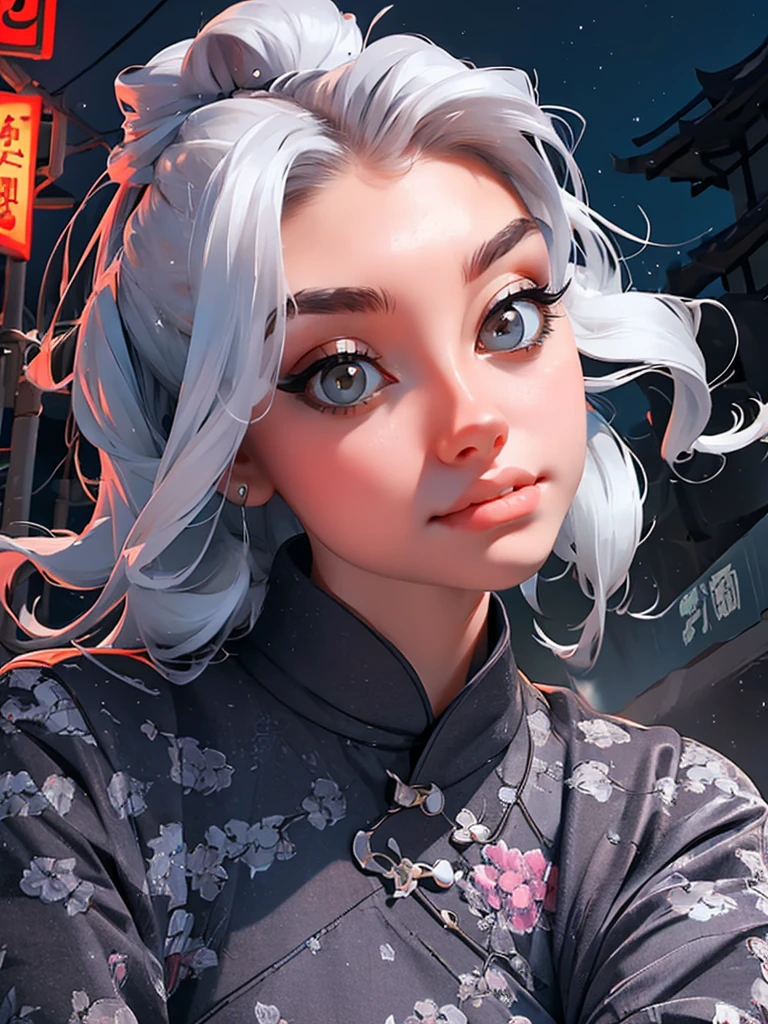 masterpiece, the best, night, full moon, 1 adult woman, Chinese Architecture, cheongsam, China costume, Royal sister, cold face, Poker face, woman with long silver hair, light pink lips, , calm, intellectuals, Three bangs, gray pupil, street view, facial details,