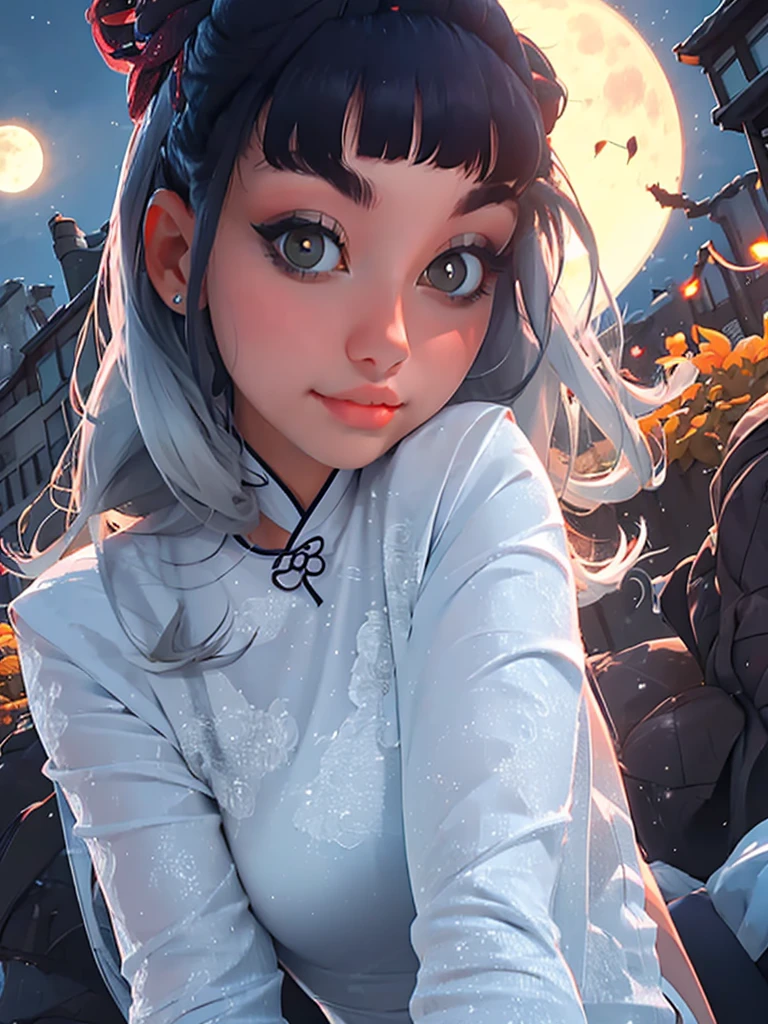 masterpiece, the best, night, full moon, 1 adult woman, Chinese Architecture, cheongsam, China costume, Royal sister, cold face, Poker face, woman with long silver hair, light pink lips, , calm, intellectuals, Three bangs, gray pupil,  street view, facial details,