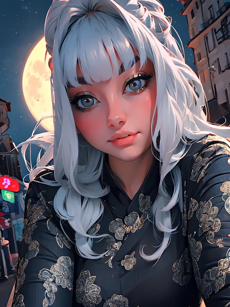 masterpiece, the best, night, full moon, 1 adult woman, Chinese Architecture, cheongsam, China costume, Royal sister, cold face, Poker face, woman with long silver hair, light pink lips, , calm, intellectuals, Three bangs, gray pupil,  street view, facial details,