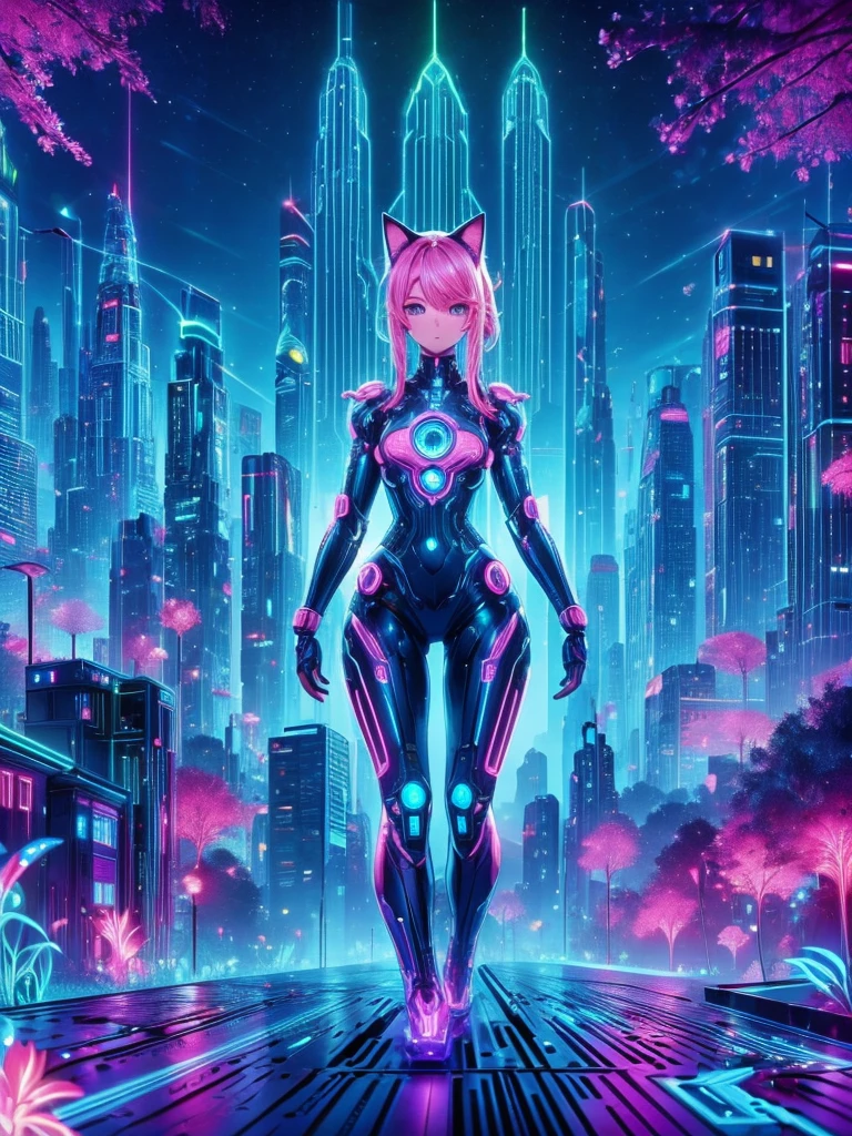 Masterpiece,Highest quality,Highest Resolution,A beautiful cat-eared android girl from the future,An intricate and precise mechanical body,Crisp down to the smallest detail,Future city at night,front,whole body,up,Standing posture,