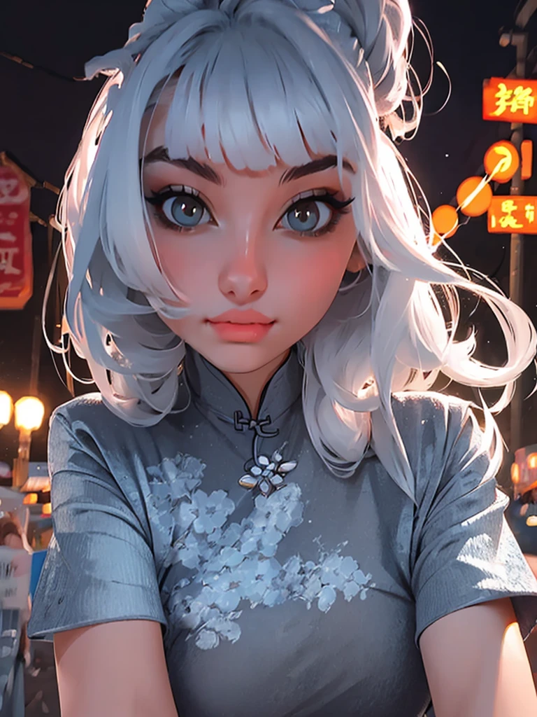 masterpiece, the best, night, full moon, 1 adult woman, Chinese Architecture, cheongsam, China costume, Royal sister, cold face, Poker face, woman with long silver hair, light pink lips, , calm, intellectuals, Three bangs, gray pupil,  street view, facial details,
