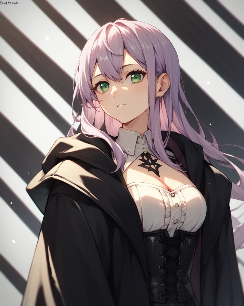 score_9, score_8_up, score_7_up,
1girl, solo, lavender hair, green eyes, black pantyhose, upper body, closeup, big chest, two black lines, cloak, white longsleeve, corset, black leather pants, boots, long hair