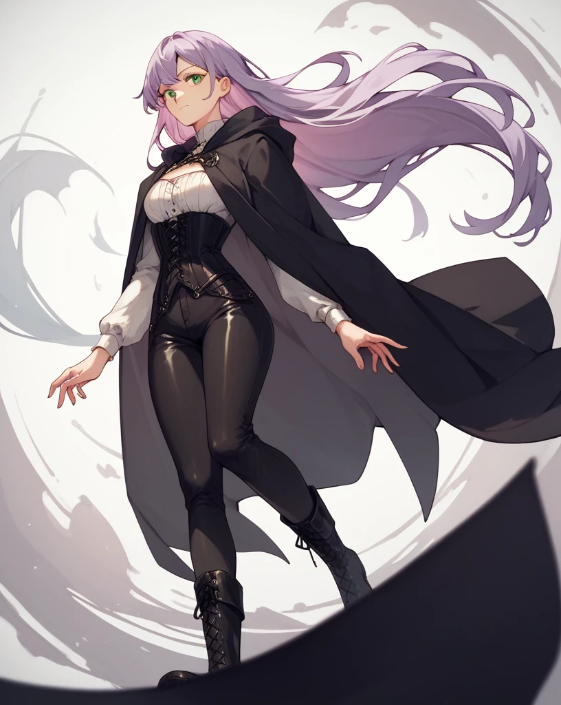 score_9, score_8_up, score_7_up,
1girl, solo, lavender hair, green eyes, black pantyhose, upper body, closeup, big chest, two black lines, cloak, white longsleeve, corset, black leather pants, boots, long hair