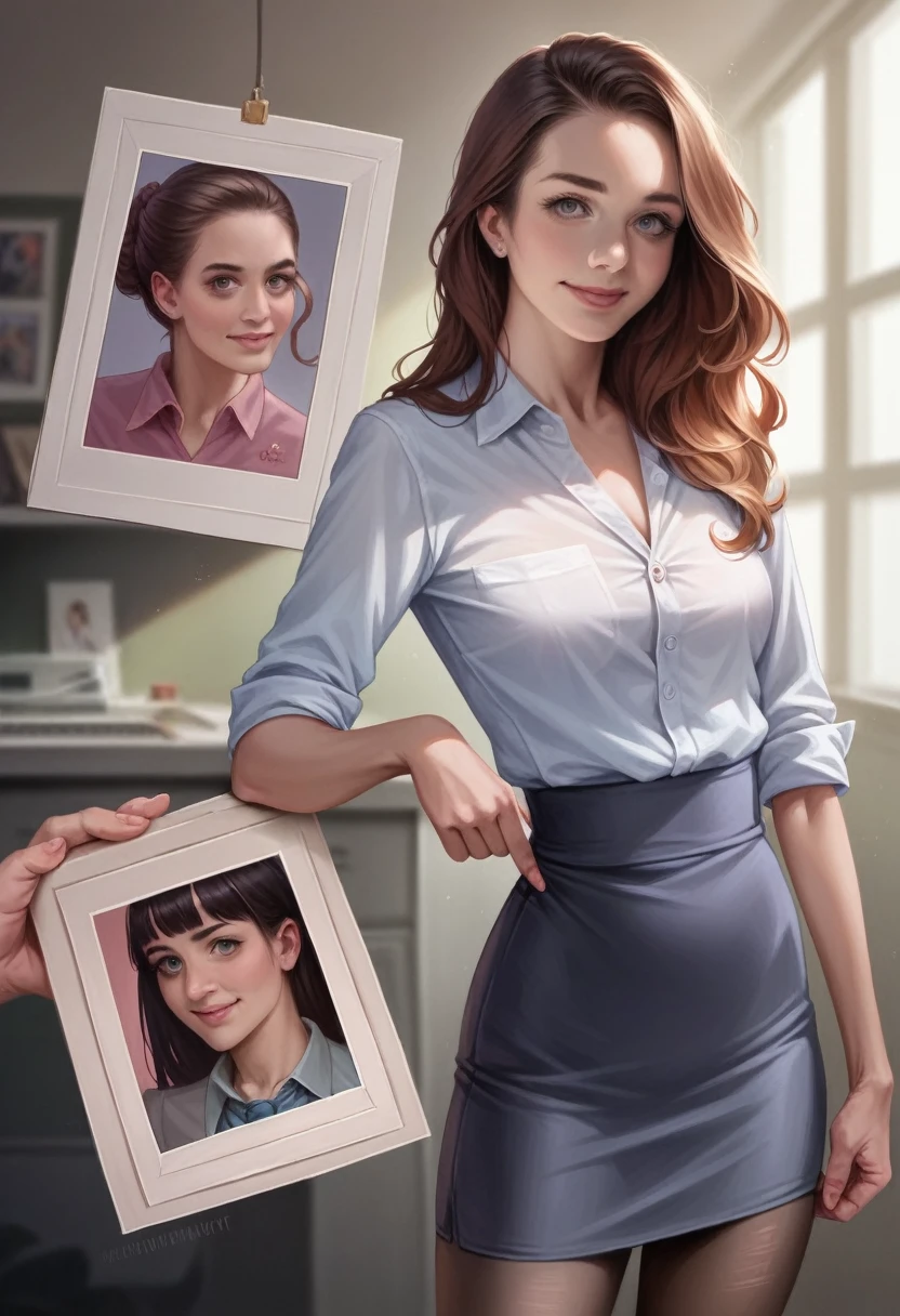 Masterpiece, Best quality, (Realistic, photo-realistic:1.37), 8K, An extremely delicate and beautiful, Amazing, finedetail, offcial art, absurderes, unbelievable Ridiculous, hugefilesize, Ultra-detailed, Extremely detailed,（Realistic skin）， Beautiful and delicate girl, long wavy hair with bangs, 1girl, (perfect women figure)，small perky breasts，Wear a business see-through shirt，grey skirt，Wearing black stockings, closed mouth smile, (((sexy office girl standing at an office printer lifts tight skirt to show pantyhose))) Natalie Portman, shaved vagina