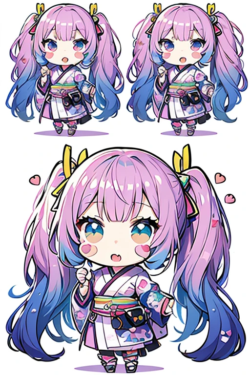 1人のgirl, ((Stickers: 1.5))), ((Chibi Character)), (White Background), fluffy, girl, high school student, Ninja girl Costume, kimono,  Pause, ((Chibi Character)), whole body, Pastel colored hair, fairy tale, wonderful, rainbow, tshirt design, Masterpiece, Highest quality, 16K, Surprised face, ((I hid my hands))