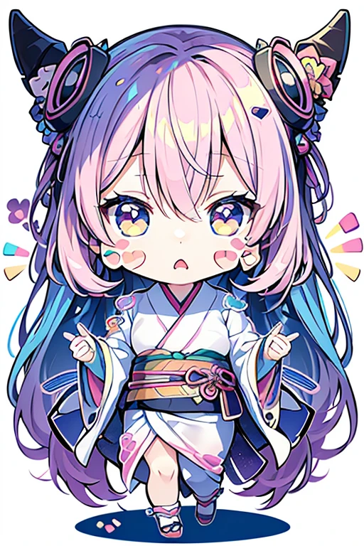 1人のgirl, ((Stickers: 1.5))), ((Chibi Character)), (White Background), fluffy, girl, high school student, Ninja girl Costume, kimono,  Pause, ((Chibi Character)), whole body, Pastel colored hair, fairy tale, wonderful, rainbow, tshirt design, Masterpiece, Highest quality, 16K, Surprised face, ((I hid my hands))