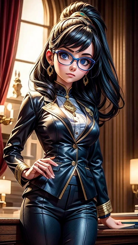 a young female lawyer in formal suit, wearing glasses, holding evidence files and pointing at a witness, courtroom scene, intimidating the witness, detailed face, intricate patterns on suit, dramatic lighting, cinematic composition, photorealistic, 8k, highly detailed, masterpiece