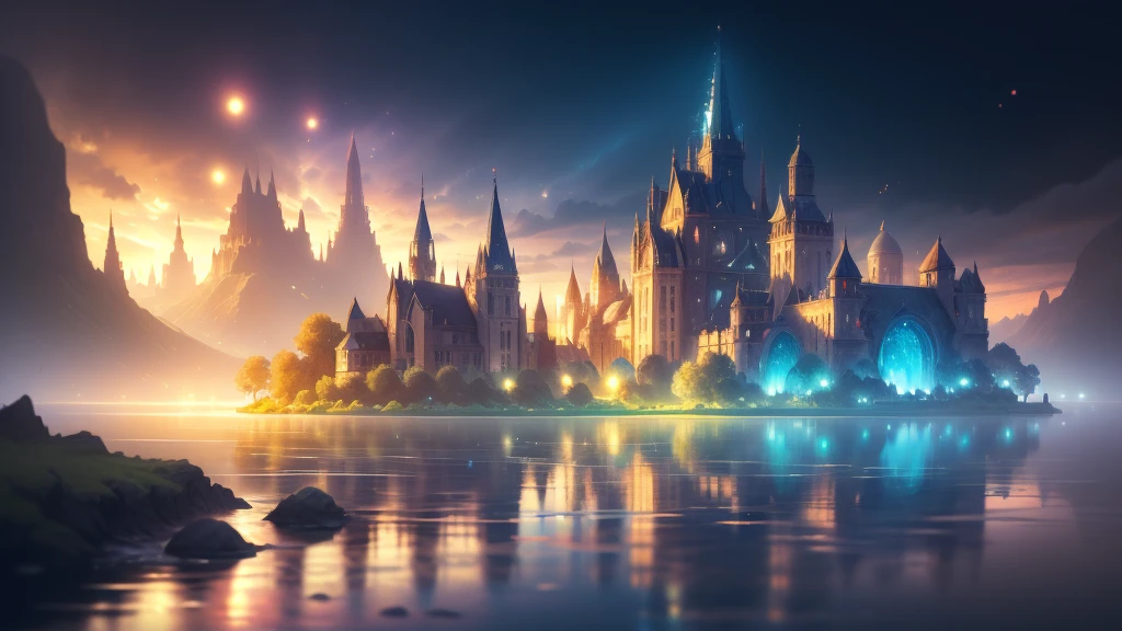 Lake view in the distance,(Many super cute slimes),Reflect light,Colored bubbles,Magical Lake,Very detailed,best quality,Soft lighting, Fantasy style, Vibrant colors