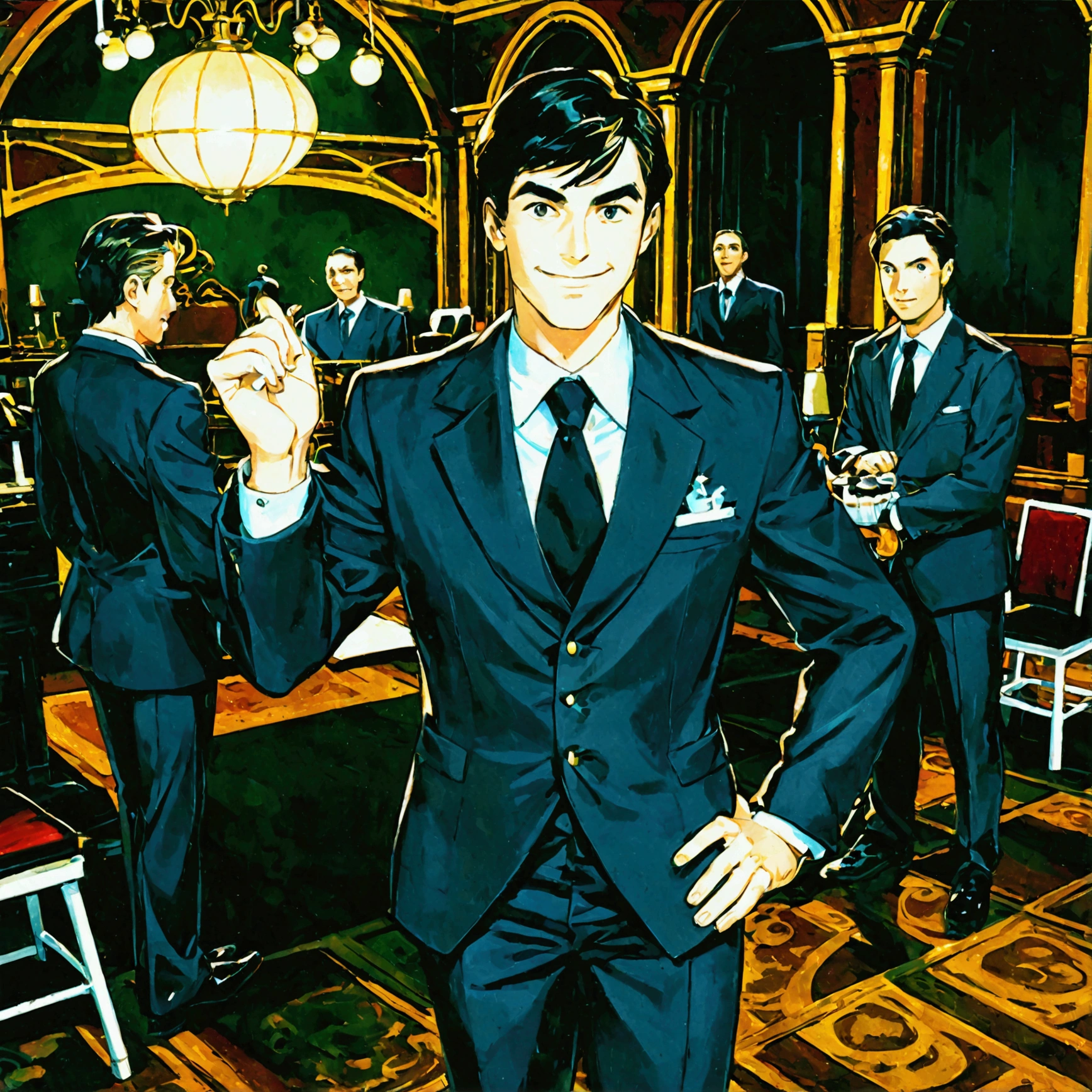Masterpiece:1.1,Highest quality,8k,official art,courtroom,1boy,a lawyer is talking enthusiastically,standing,evil smile,troubled eyebrows,Bright fluorescent lighting,looking at viewer, dynamic angle,one hand up,one hand on hip,judge,