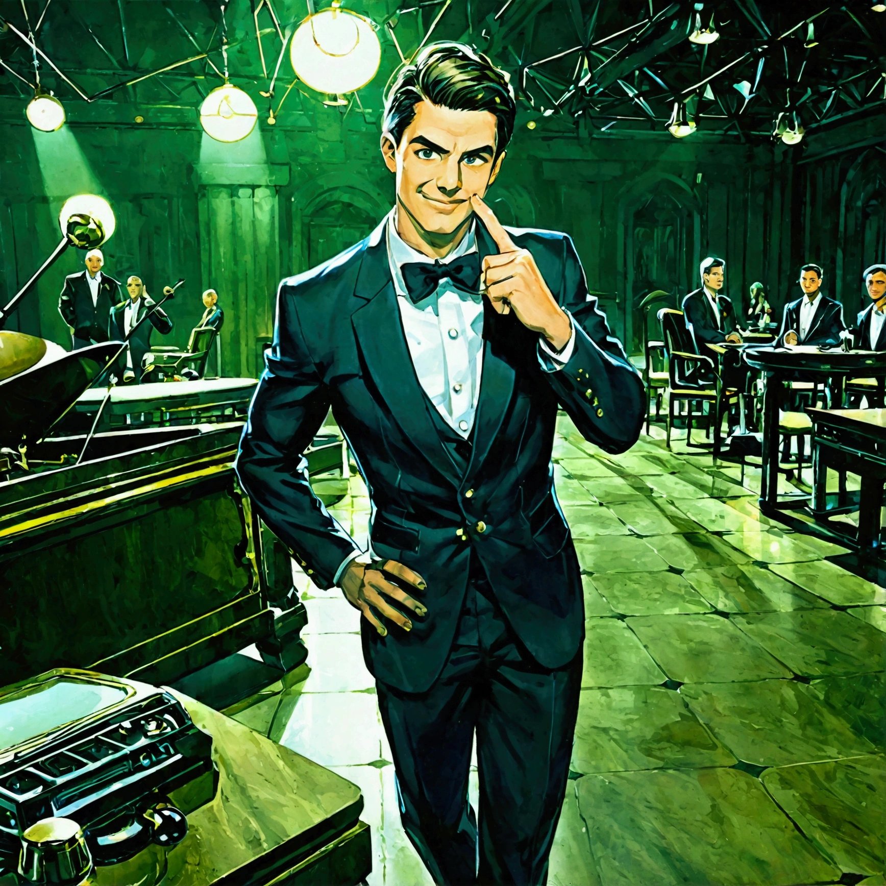 Masterpiece:1.1,Highest quality,8k,official art,courtroom,1boy,a lawyer is talking enthusiastically,standing,evil smile,troubled eyebrows,Bright fluorescent lighting,looking at viewer, dynamic angle,one hand up,one hand on hip,judge,