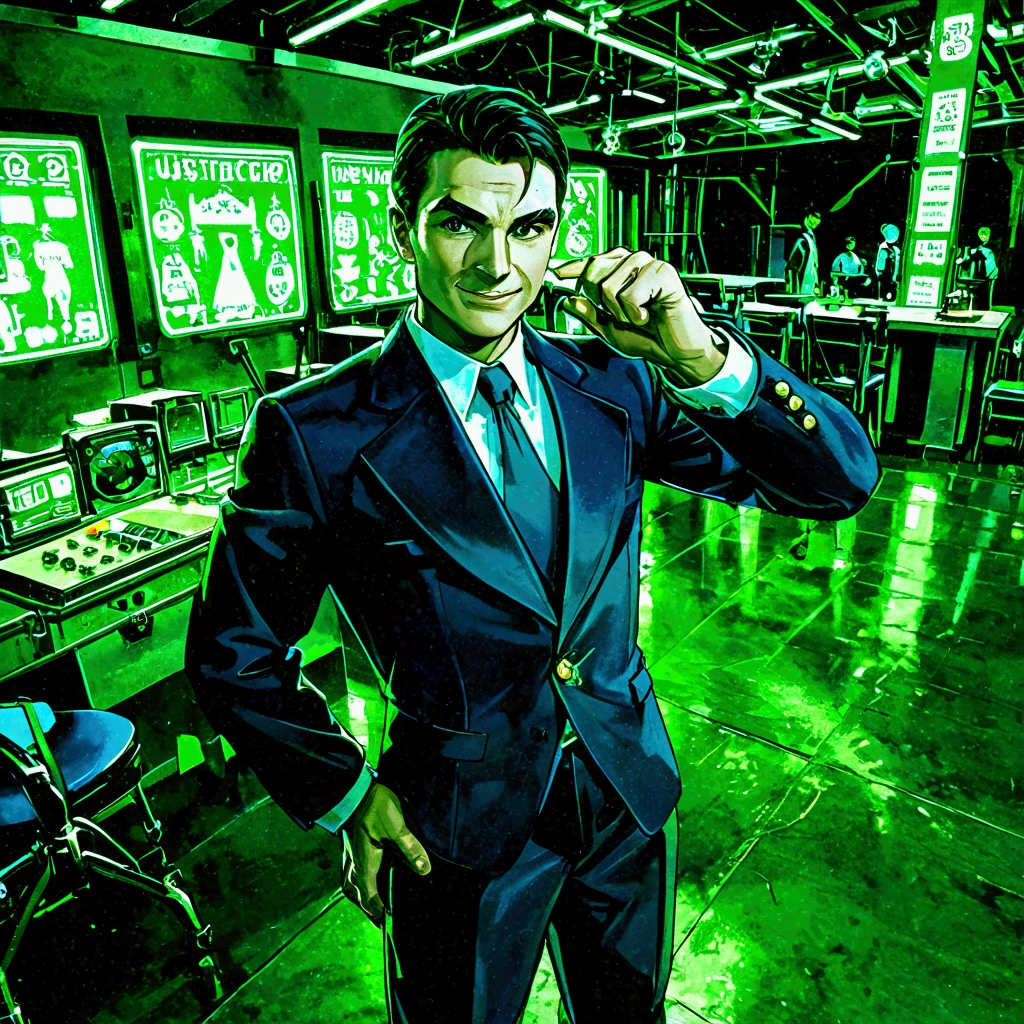 Masterpiece:1.1,Highest quality,8k,official art,courtroom,1boy,a lawyer is talking enthusiastically,standing,evil smile,troubled eyebrows,Bright fluorescent lighting,looking at viewer, dynamic angle,one hand up,one hand on hip,judge,