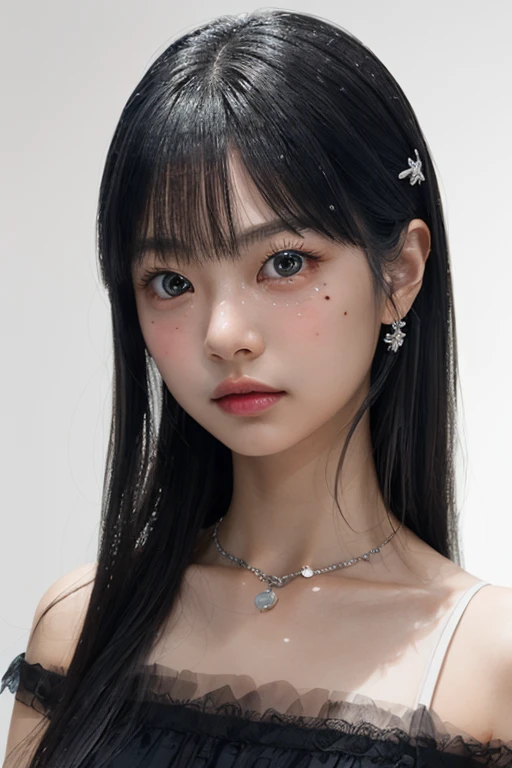 (1girl:1.3), japanese, (17yo, cute:1.2), straight messy medium black hair, mole, large breasts, black eyes, (tareme, v-shaped eyes), short eyebrows, wide eyes, bangs, broad nose, puffy cheeks, BREAK, (super intricate details fractal glass art:1.3), glassware, 3d digital art, (realistic:1.3), (glass fragment:1.3), deconstructive, installation art, geometric art, sharp focus, ((Fresh background, soft light effect: 1.2)), Commercial photograph, elegant color profile, (white moonstone:1.3),キリッとした涼しい目,