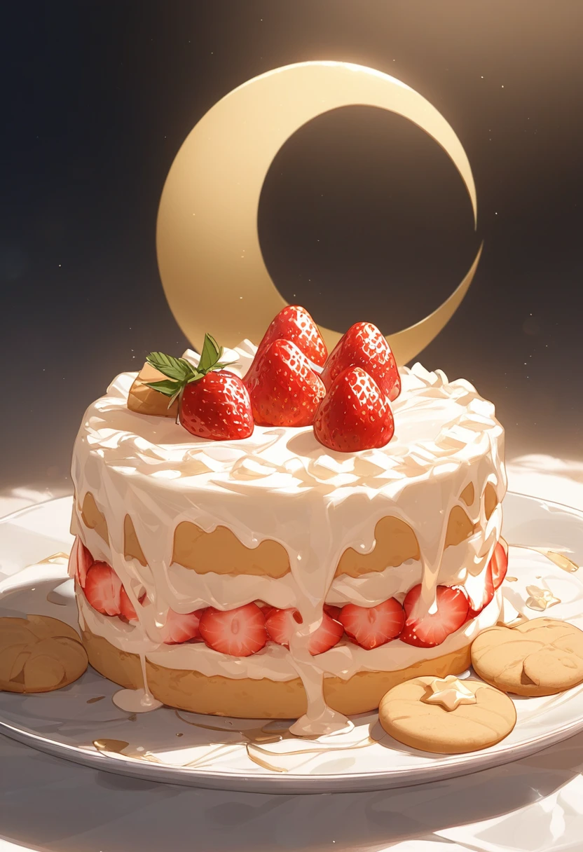 no humans、Cute cake、Orange Cream、Place a crescent moon cookie on top、strawberry、Gentle light、No shadow、Gorgeous image、Best image quality、Highest quality、masterpiece