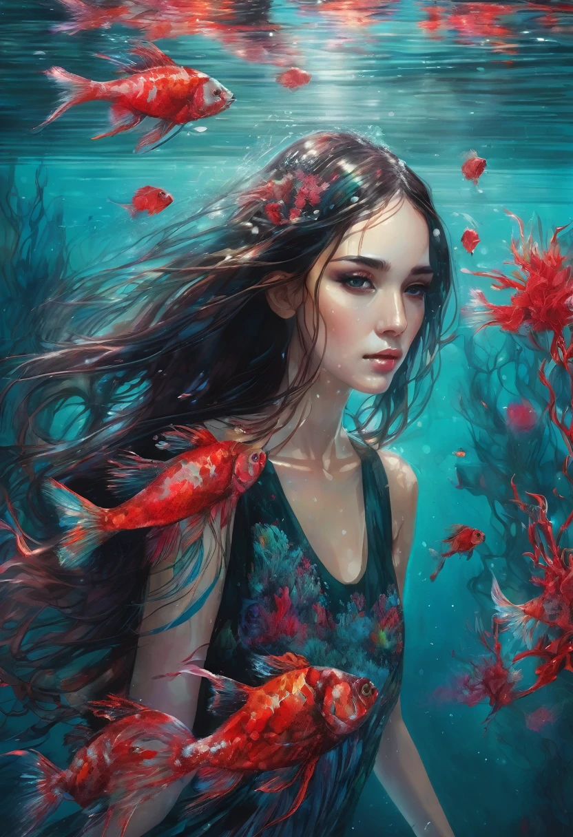 19 year old gorgeous model girl, under the water, stands at the bottom of the lake, glass flower dress, ornaments black and red, glass transparent fish swim, glass algae,Long hair fluttering, complex drawing,very detailed bright, masterpiece, high quality, a high resolution, high detail, photorealism, intricate details, Accurate linearity, acrylic paint, airbrush, ( artist Anna Dittmann, art by Carne Griffiths, artist Conrad Roset)