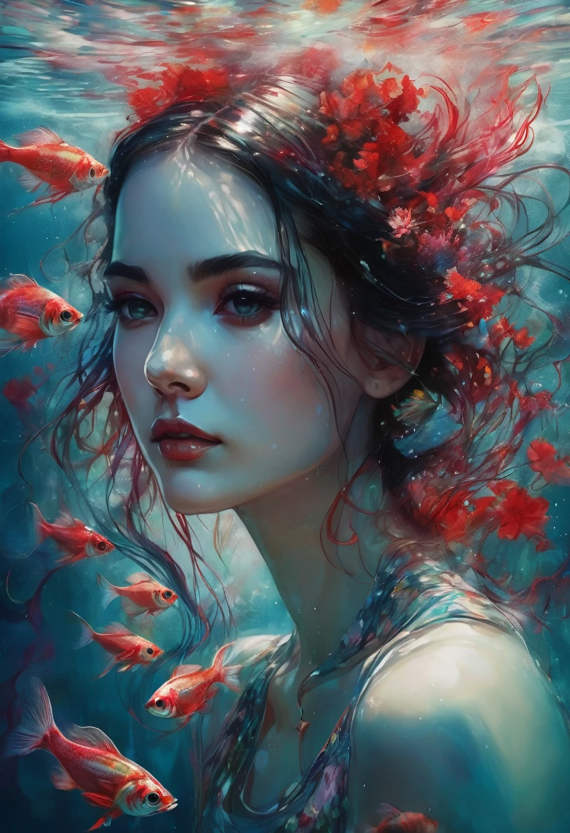 19 year old gorgeous model girl, under the water, stands at the bottom of the lake, glass flower dress, ornaments black and red, glass transparent fish swim, glass algae,Long hair fluttering, complex drawing,very detailed bright, masterpiece, high quality, a high resolution, high detail, photorealism, intricate details, Accurate linearity, acrylic paint, airbrush, ( artist Anna Dittmann, art by Carne Griffiths, artist Conrad Roset)