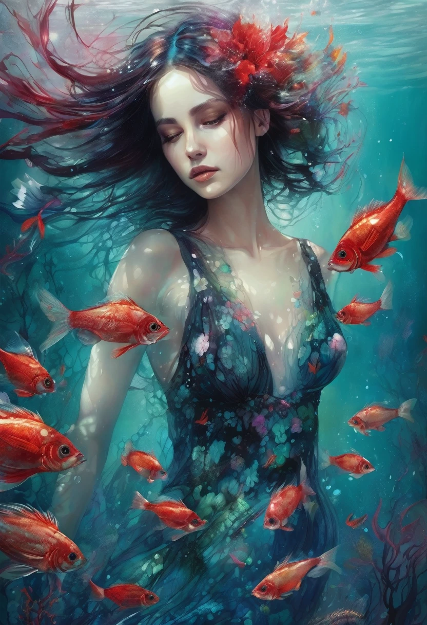 19 year old gorgeous model girl, under the water, stands at the bottom of the lake, glass flower dress, ornaments black and red, glass transparent fish swim, glass algae,Long hair fluttering, complex drawing,very detailed bright, masterpiece, high quality, a high resolution, high detail, photorealism, intricate details, Accurate linearity, acrylic paint, airbrush, ( artist Anna Dittmann, art by Carne Griffiths, artist Conrad Roset)