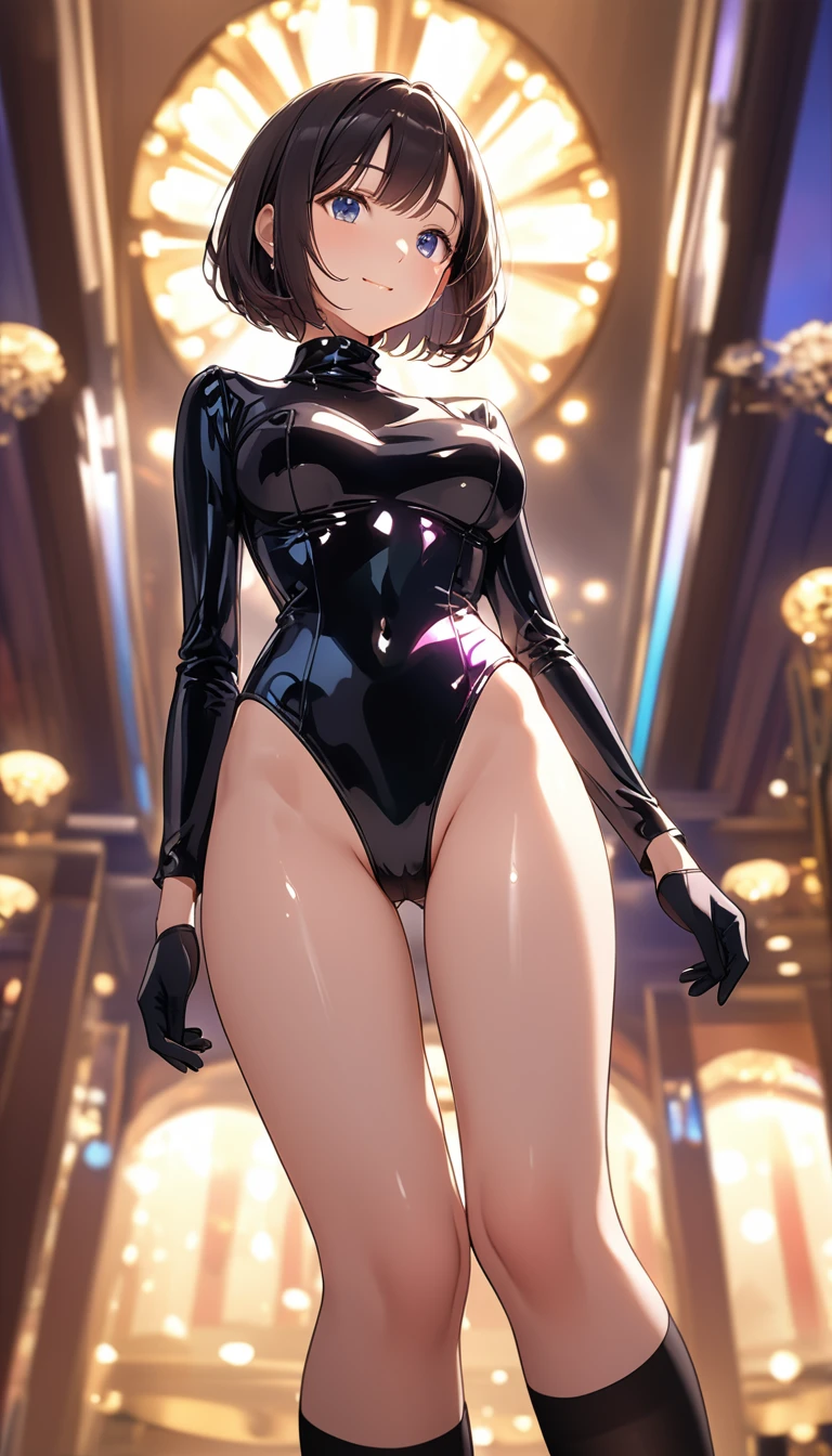 高いquality illustration, masterpiece, Very delicate and beautiful, Attractive girl,(Shiny black swimsuit、turtleneck、Black knee socks、Black gloves),thin,Slender body,slim、casino、casinoの背景,Princess, Beautiful Eyes,A light smile,(masterpiece, Highest quality:1.2), High resolution, Very detailed CG ユニティ 8k 壁紙, Perfect lighting, colorful, 超High resolution,4K,Very detailed, photograph, 8k, High resolutionolution, 17 years old　Put your hands on your hips　Big Breasts　Bobcut　Spread your legs　Close-up of the crotch from directly below