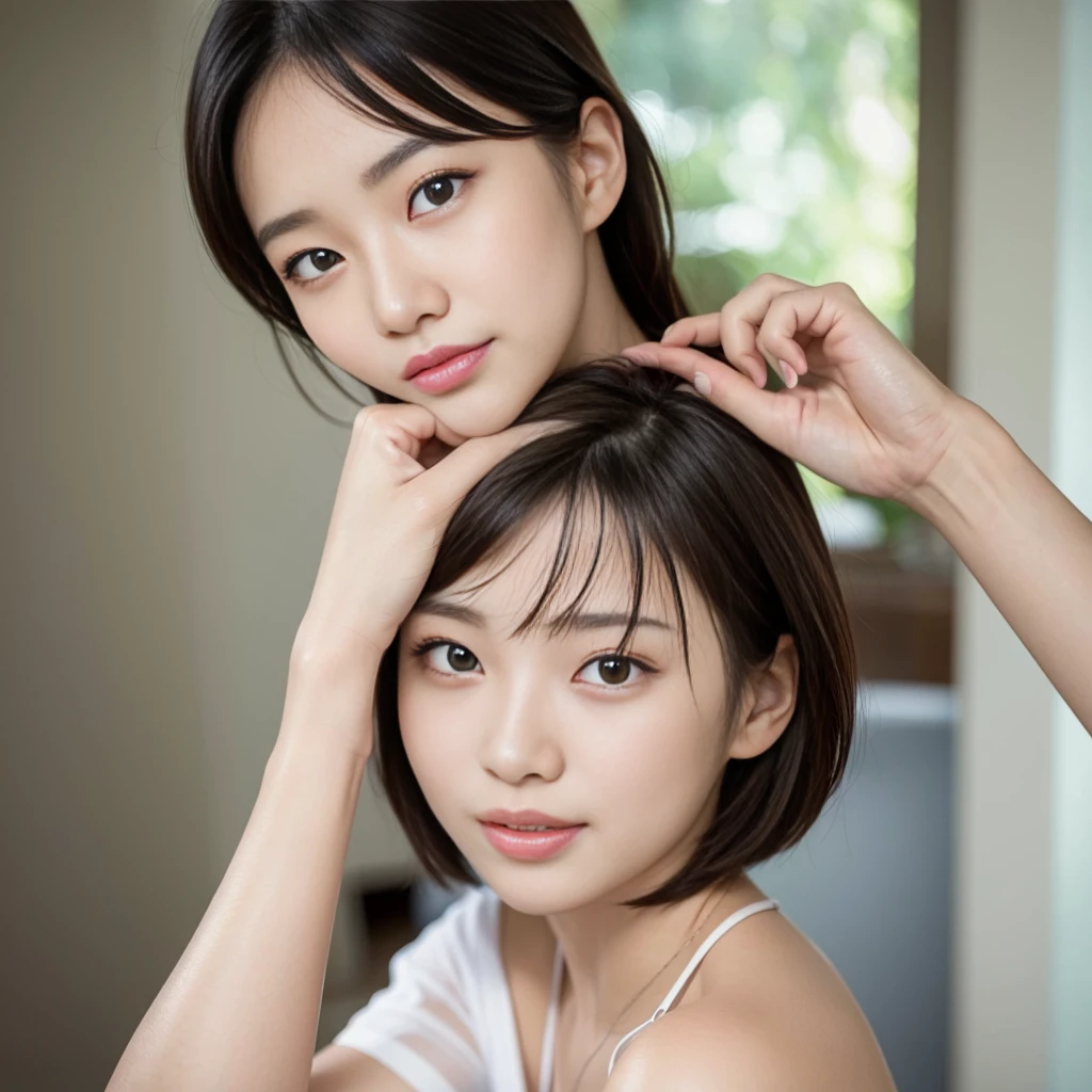 masterpiece, realistic, photorealistic, best quality, beautiful detailed, natural lighting, sharp focus, depth of field, face focus, a beautiful 20-year-old Japanese woman, solo:1.2, very short cut hair, looking at viewer, best quality real texture skin, Detailed beautiful delicate face and eyes, double eyelid, smile:1.2, white teeth:1.2