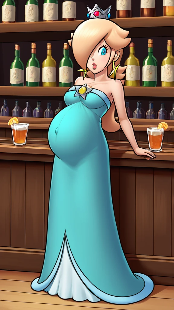 score_9, score_8_up, 1girl, solo, rosalina, style parody, thick outlines, blue dress, sleeveless, strapless, cleavage, indoors, bar, pregnant