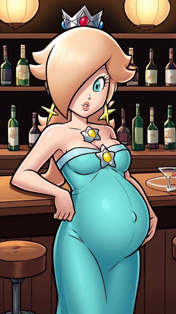 score_9, score_8_up, 1girl, solo, rosalina, style parody, thick outlines, blue dress, sleeveless, strapless, cleavage, indoors, bar, pregnant 