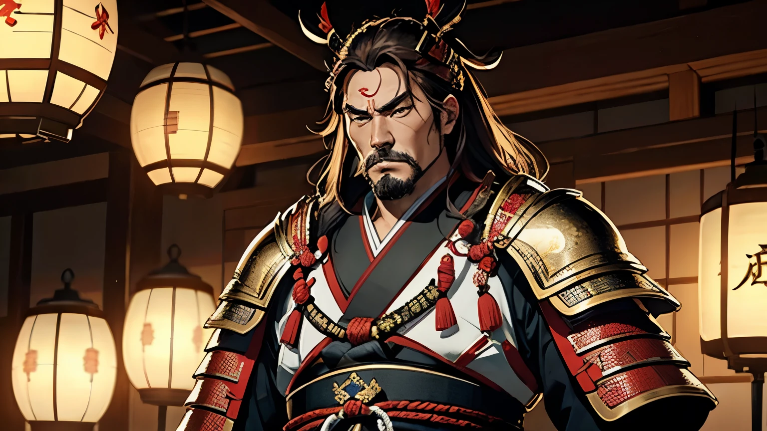 Takeda Shingen、Wearing intricately designed traditional samurai armor、Famous people in Japanese history、He has a stern look、Has an intimidating presence。