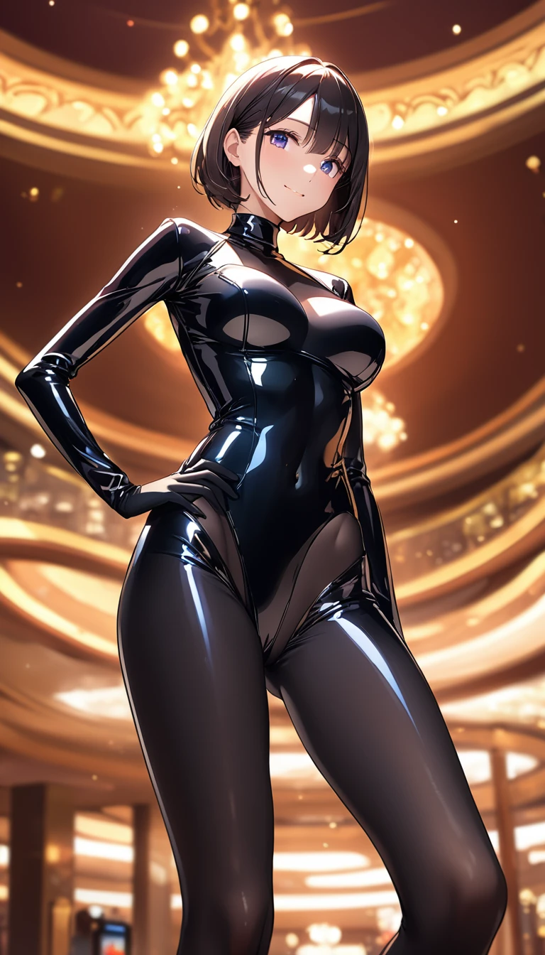 高いquality illustration, masterpiece, Very delicate and beautiful, Attractive girl,(Shiny black swimsuit、turtleneck、Black knee socks、Black gloves),thin,Slender body,slim、casino、casinoの背景,Princess, Beautiful Eyes,A light smile,(masterpiece, Highest quality:1.2), High resolution, Very detailed CG ユニティ 8k 壁紙, Perfect lighting, colorful, 超High resolution,4K,Very detailed, photograph, 8k, High resolutionolution, Put your hands on your hips Big Breasts Bobcut Spread your legs Close-up of the crotch from directly below