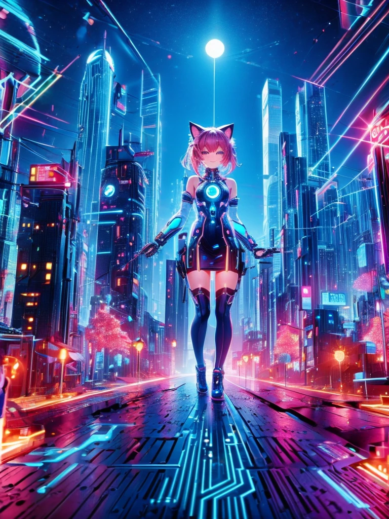 Masterpiece,Highest quality,Highest Resolution,A beautiful android girl with cat ears and a smile from the future,An intricate and precise mechanical body,Crisp down to the smallest detail,Future city at night,front,whole body,(((up))),Standing posture,