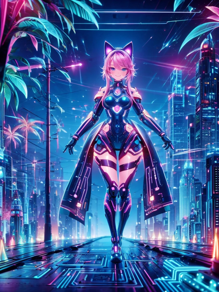 Masterpiece,Highest quality,Highest Resolution,A beautiful android girl with cat ears and a smile from the future,An intricate and precise mechanical body,Crisp down to the smallest detail,Future city at night,front,whole body,(((up))),Standing posture,