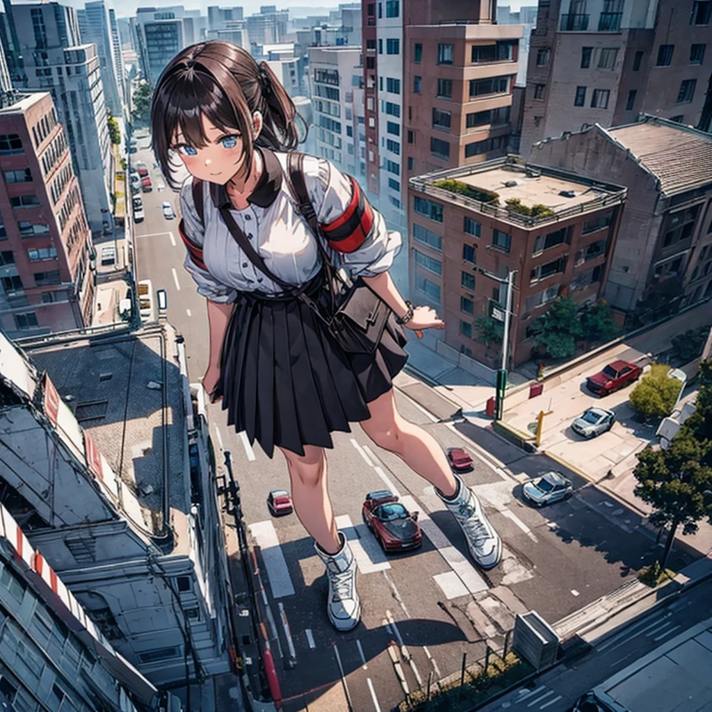 Top view 道路の上にGiant Girlがたっている Burning and destroyed city ruins Rubble pile Giant Girl Black Hair skirt sneakers beautiful girl Metropolis