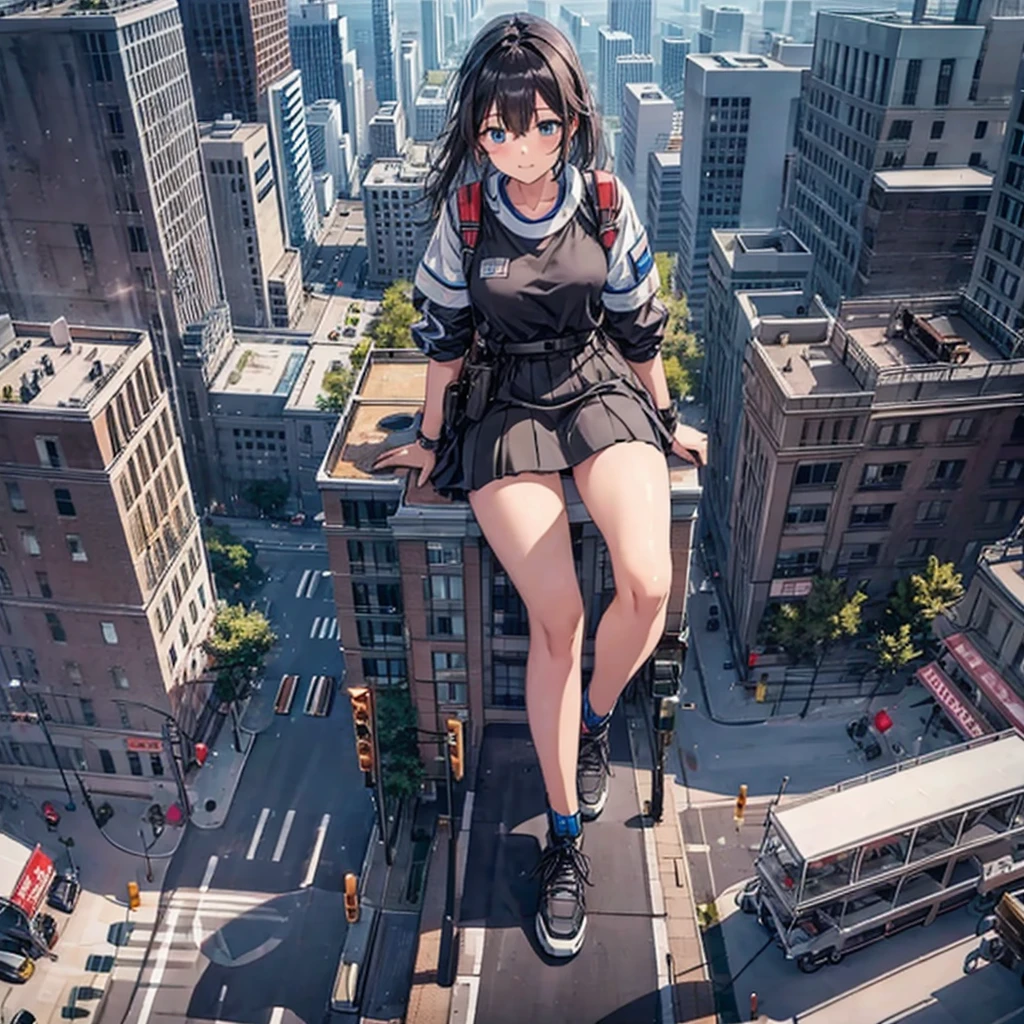 Top view　道路の上にGiant Girlがたっている　Burning and destroyed city　ruins　Rubble pile　Giant Girl　Black Hair　skirt　sneakers　beautiful girl　Metropolis　