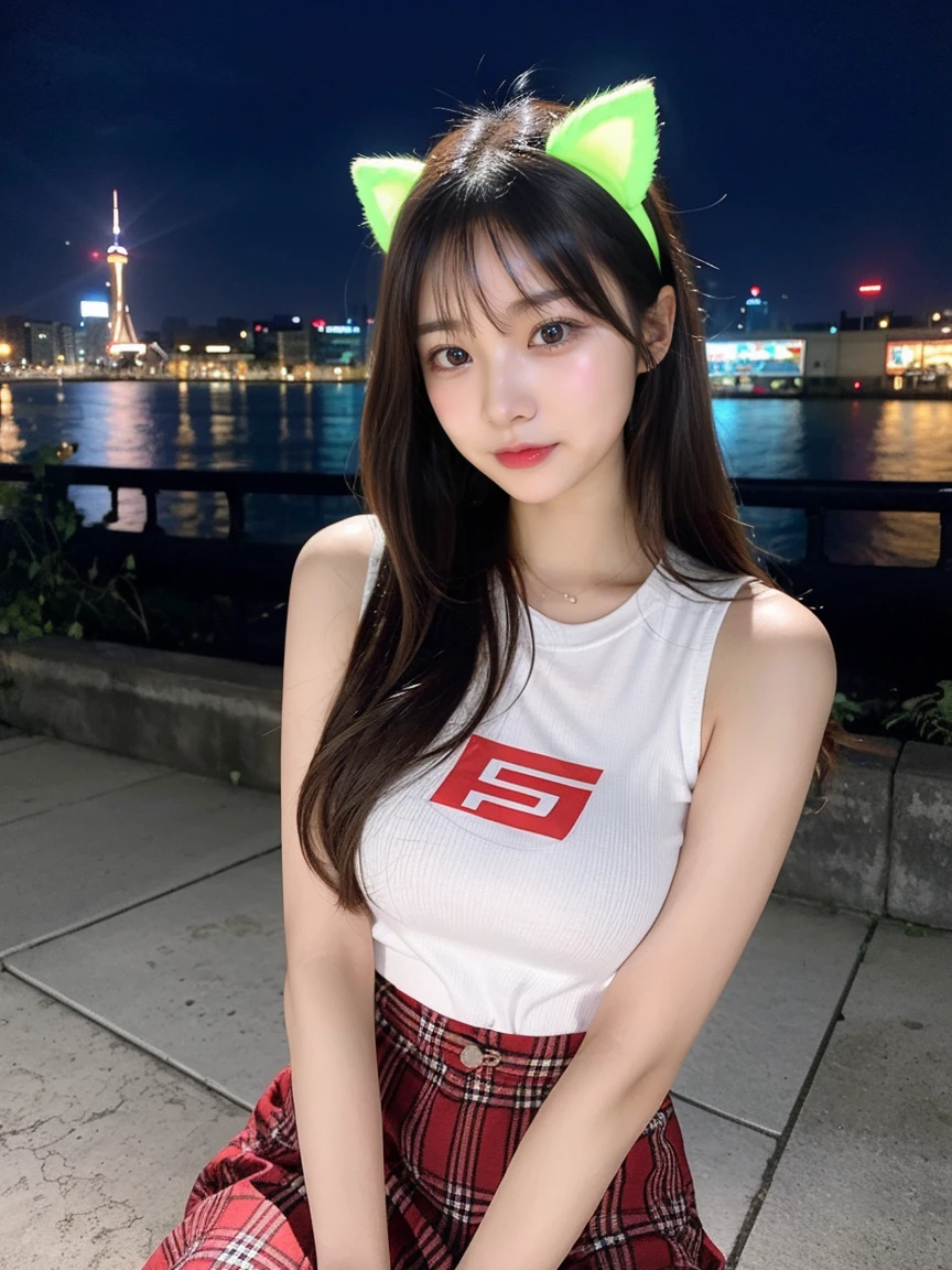 4 girls、Four Girls(cute、Random Face、Young Japanese)、Four Girlsが並びます、最high quality, masterpiece, 32K、Very detailed、Realistic、Japanese women、Cute Face, (photo Actual:1.3),Medium Hair(Blonde Hair Color、Great brown hairstyles)、Edge lighting, (Skin with attention to detail:1.2), 8k超High resolution, Single-lens reflex camera, high quality, High resolution, 4K, 8k, Optimal ratio of four fingers to one thumb, (Actual:1.3), cute 4 girls, Realistic、Super Realistic、32K、Very detailed、masterpiece, 最high quality, beautiful girl, beauty、Mecha, Beautiful lighting, (Neon Light:1.2), (night:1.5), K-Pop Idol Costumes、Sleeveless outfit、Large Breasts(big 、There is a valley)、Swiss flag t-shirt、Red and white cheerleader skirt、Fox ears headband、Are standing、Cyber Neon、Future City、Skyscraper、都会のnight、Shanghai、big cities、night景、綺麗なnight景