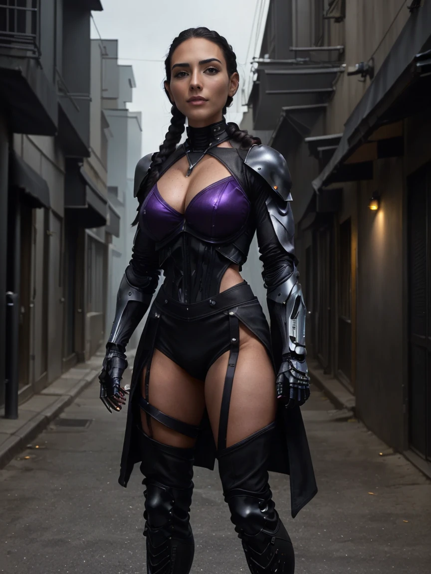 Gorgeous and sultry busty athletic (thin) brunette cyborg assassin with sharp facial features wearing a black and purple leotard, metal arms and legs, artificial muscle fibers, prosthetic arms and legs, cyborg, cybernetics, braid, gloves, thigh-high boots. Standing, city street.