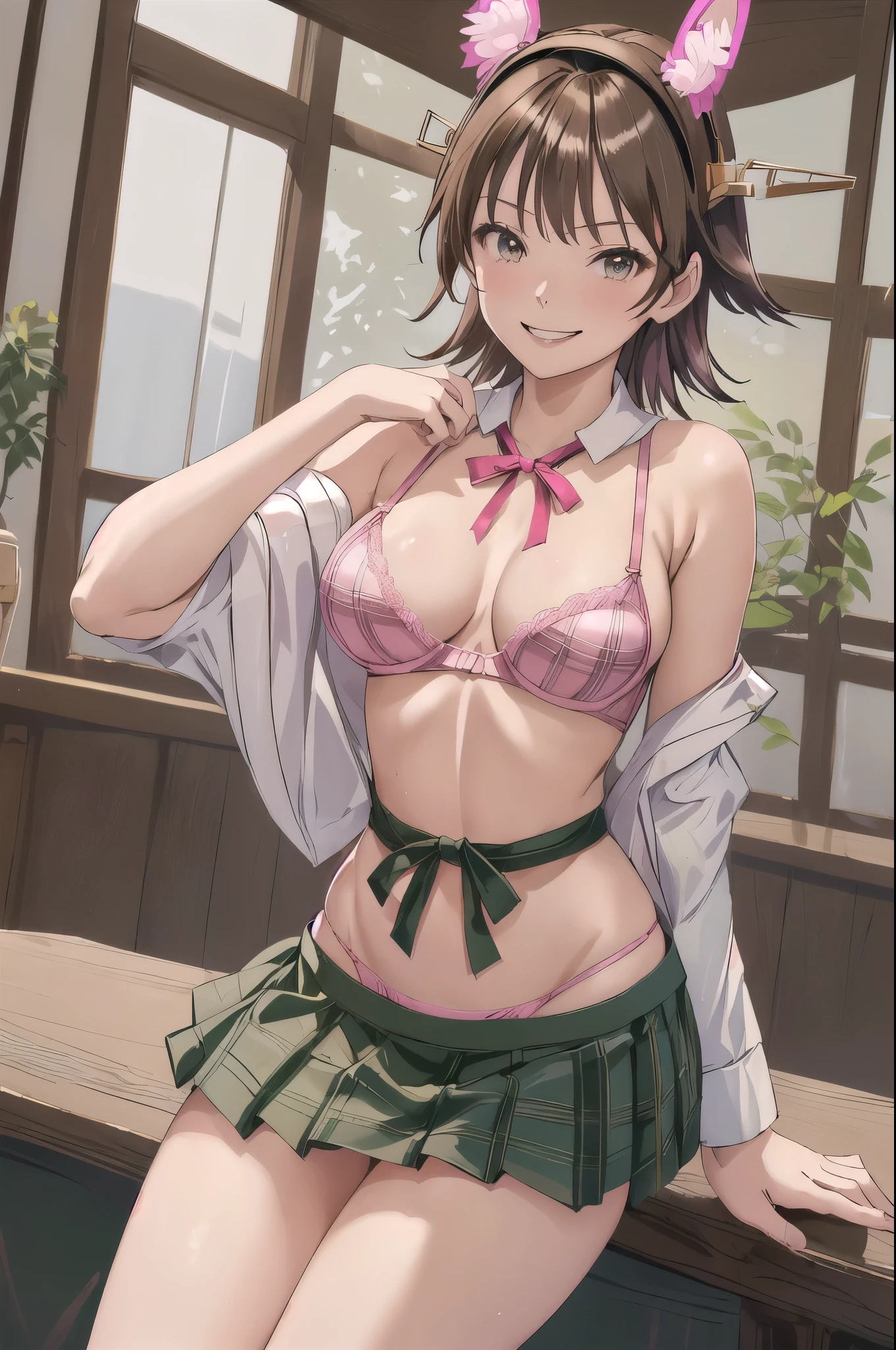 Highest quality, masterpiece, High resolution, alone, (Hiei Kai-2, Fleet Collection:1.15), (Brown Hair), 髪band, (headgear), Non-traditional_Shrine maiden, smile, green_eye, smile, One Girl, green_skirt, Plaid, Plaid_skirt, ribbon-trimmed_sleeve, ribbon_trim, skirt, (indoor, office, living room), alone, smile, Looking at the audience,(Pink Panties), (pink bra), (In underwear), (Flashy underwear), (lingerie), 
Structure of the film, Contrasting,Normal chest,Full Bust,thin,Firm stomach,(Normal chest),(Broad breasts:1.3),(Full Bust),Medium breast, Round Breasts ,athlete&#39;s chest,thin, (Curvaceous physique) ,Skinny body ,(Firm stomach)
breathe,Sweat,Wet,Grin, Panty shot