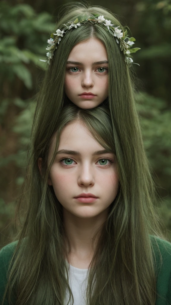 a girl. Europe. Oval face. delicate facial features. long face. sad eyes. charming. long straight hair. messy hair. green hair. green eyes. wreath on head. sulked. shy. straight face. in the forest