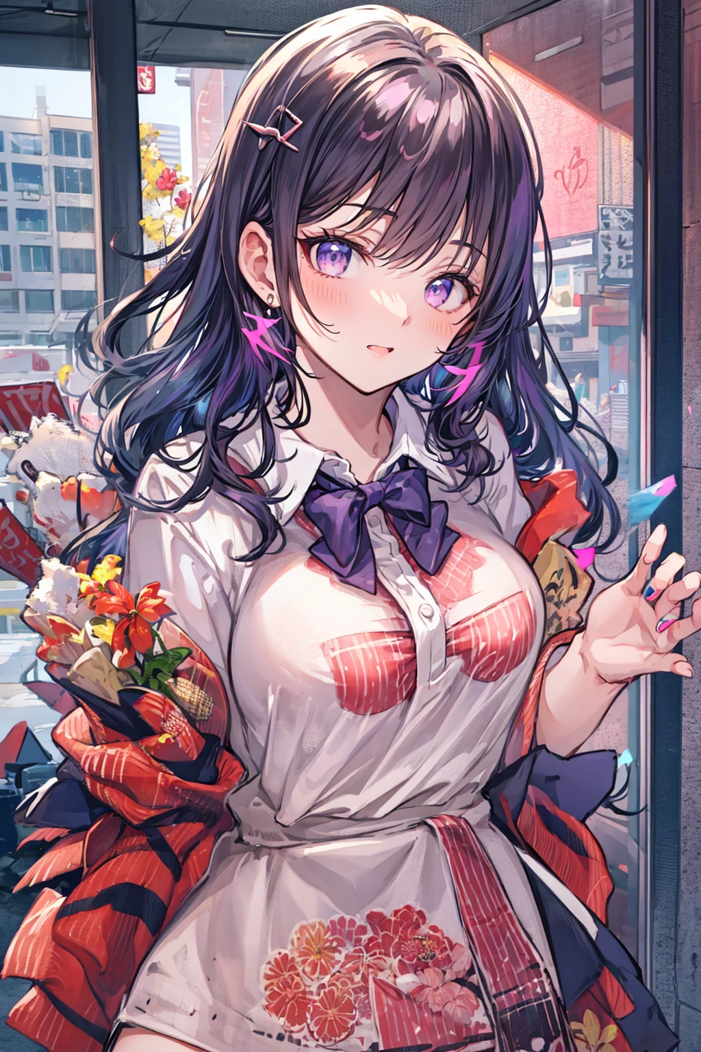 One Woman、Cute woman、Gal、Pastel purple long hair、wavy hair、Big Breasts、Pastel purple uniform、Short skirt、