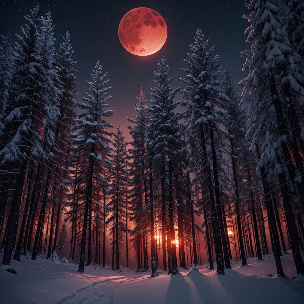 A night landscape in a black forest with snow between the trees with the bright blood moon in the center in the sky with the red glow passing through the tree and fog 